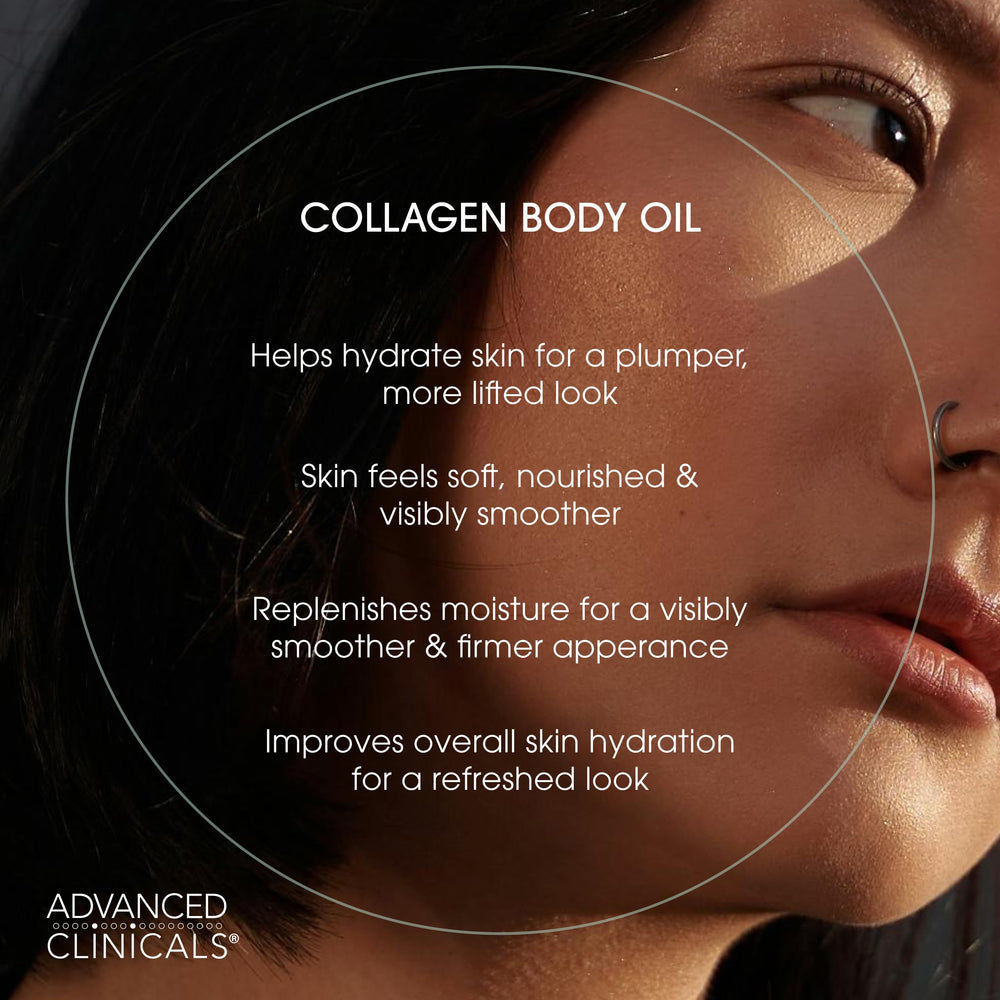 Advanced Clinicals huile-corps-brillance-naturelle – révèle une peau éclatante et saine.