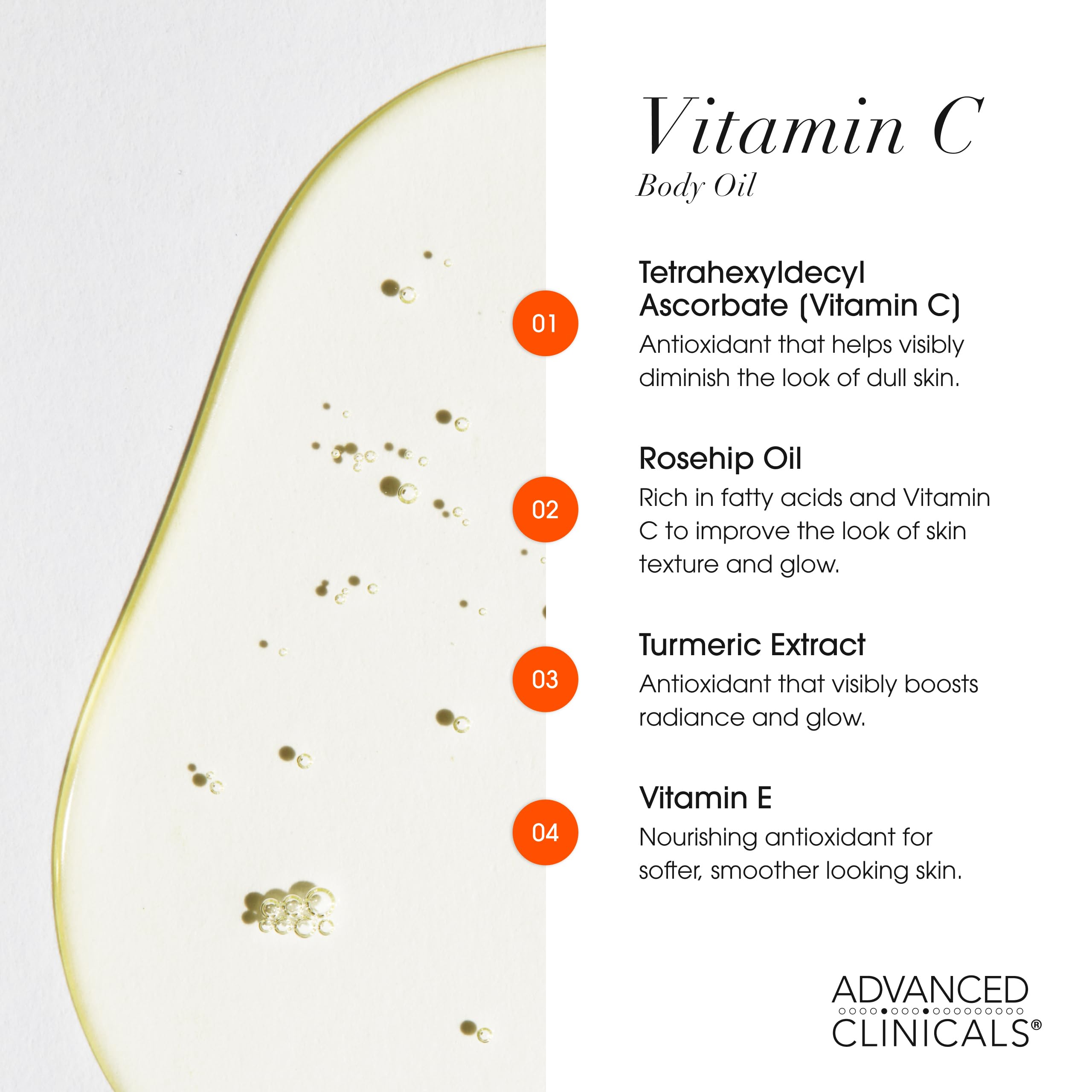 Advanced Clinicals huile corps extrait curcuma, texture uniforme visuellement.