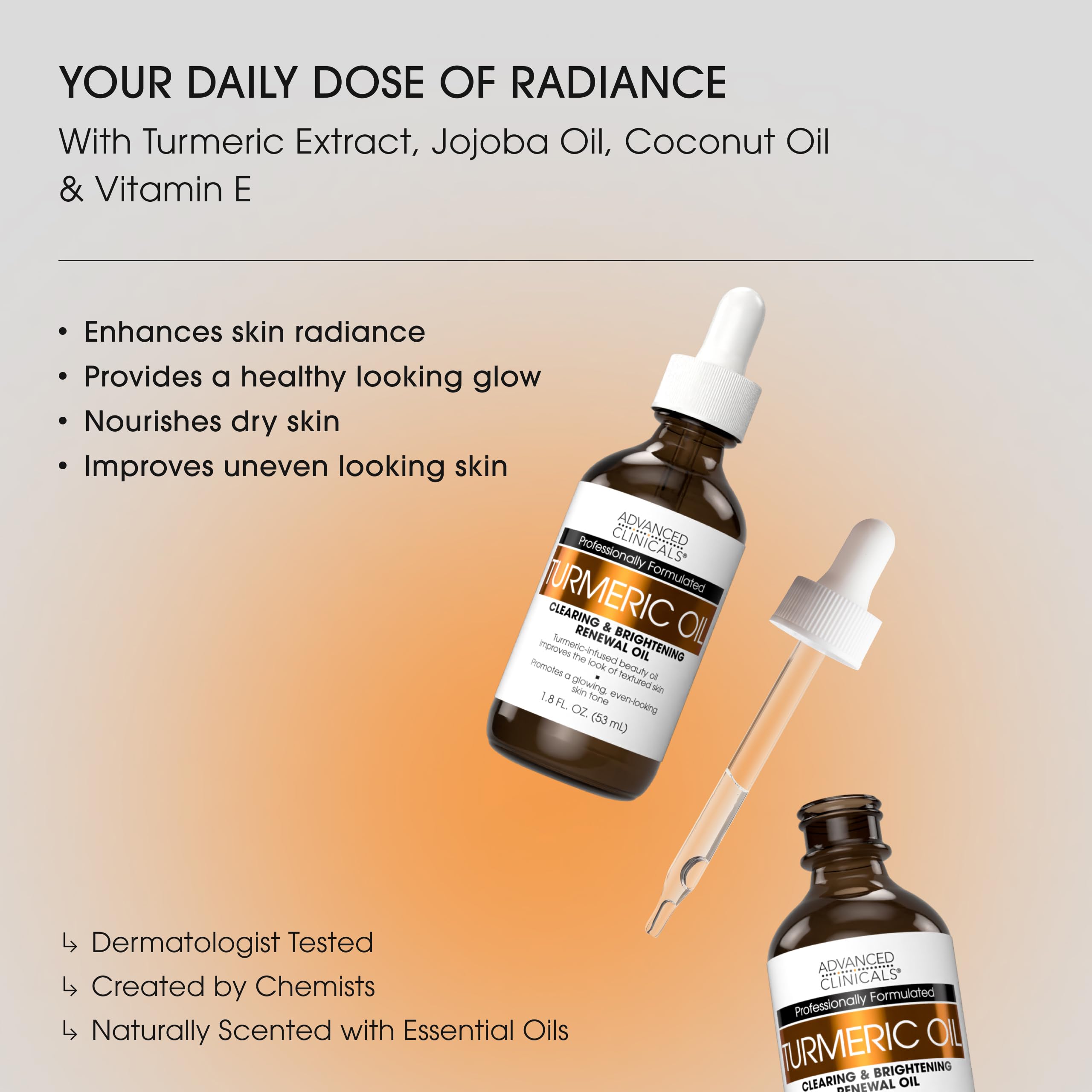 Advanced Clinicals Sérum huile curcuma – application fluide sur le visage, absorption rapide.