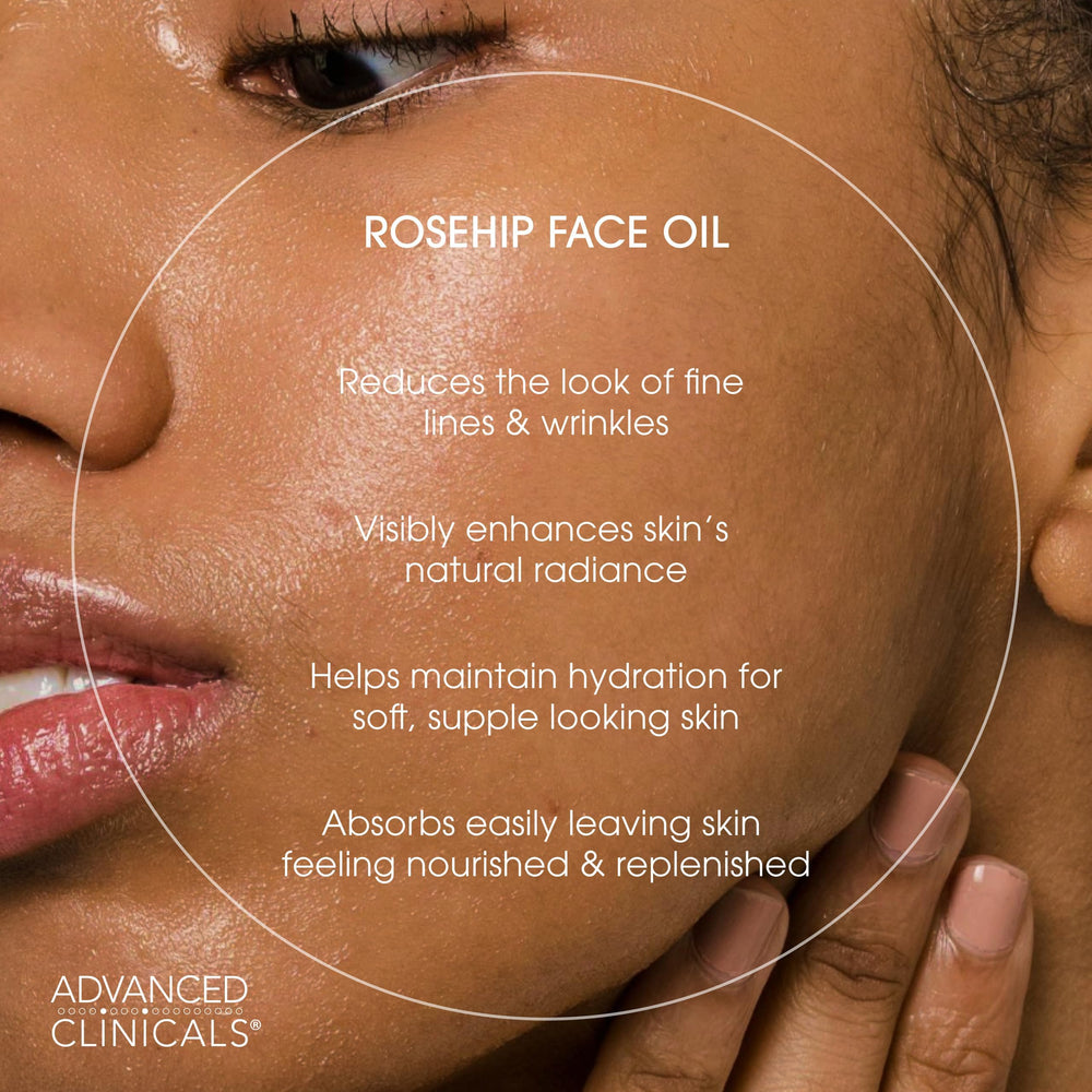 Advanced Clinicals Huile Rosehip Texture Soyeuse: texture veloutée qui s’absorbe rapidement.