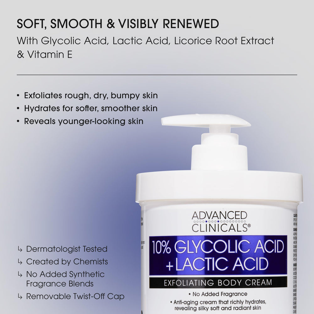 Advanced Clinicals lotion glycolique-lactique, hydratation et éclat.
