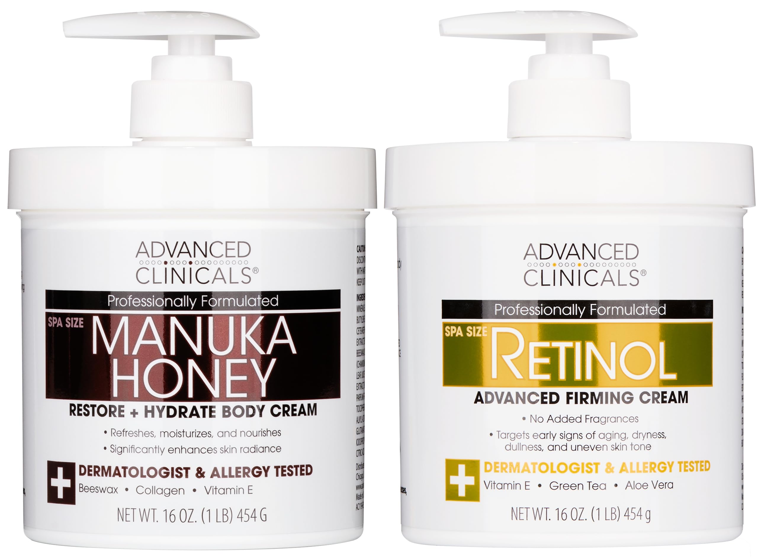 Advanced Clinicals Lotion Retinol Corps Non Parfumée, flacon pompe, hydratation en profondeur.
