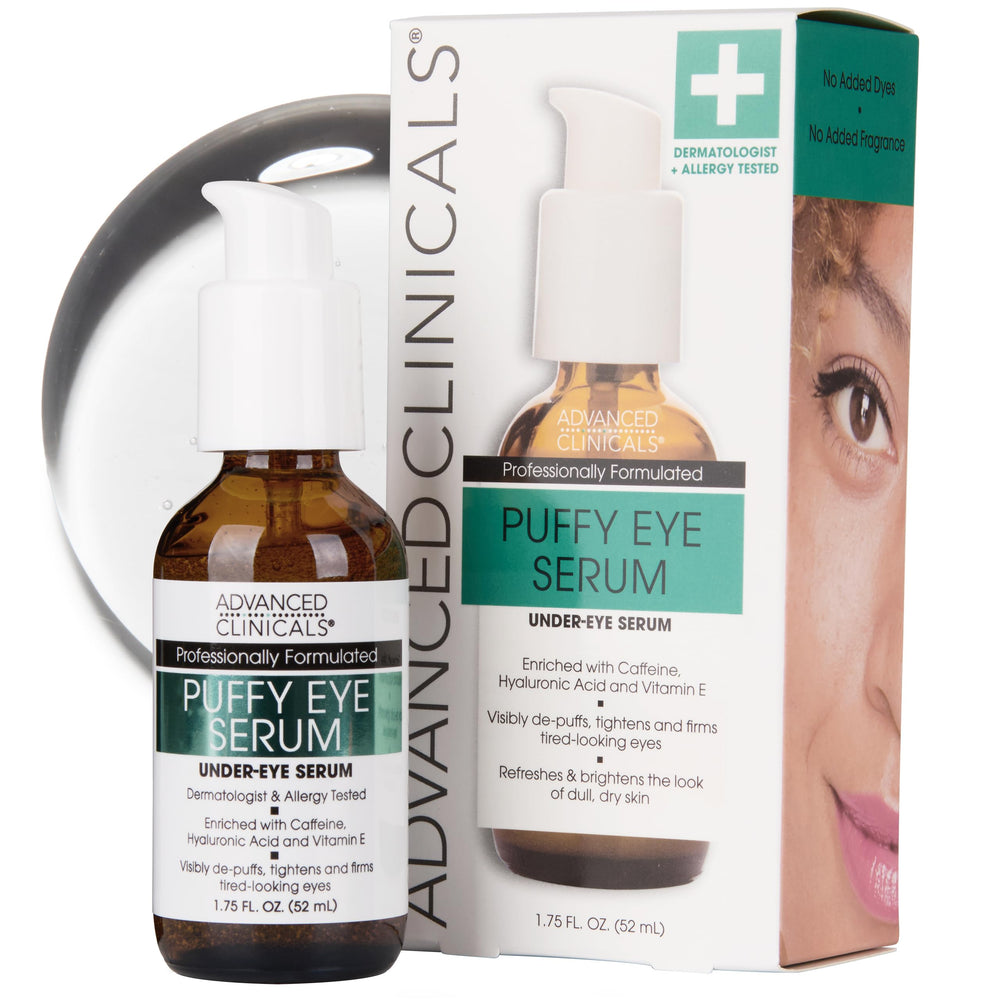 Advanced Clinicals Puffy Eye Serum bottle on a clean surface for depuffing