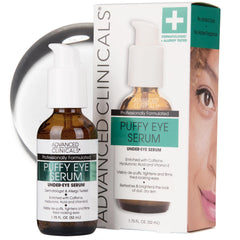 Advanced Clinicals Puffy Eye Serum bottle on a clean surface for depuffing