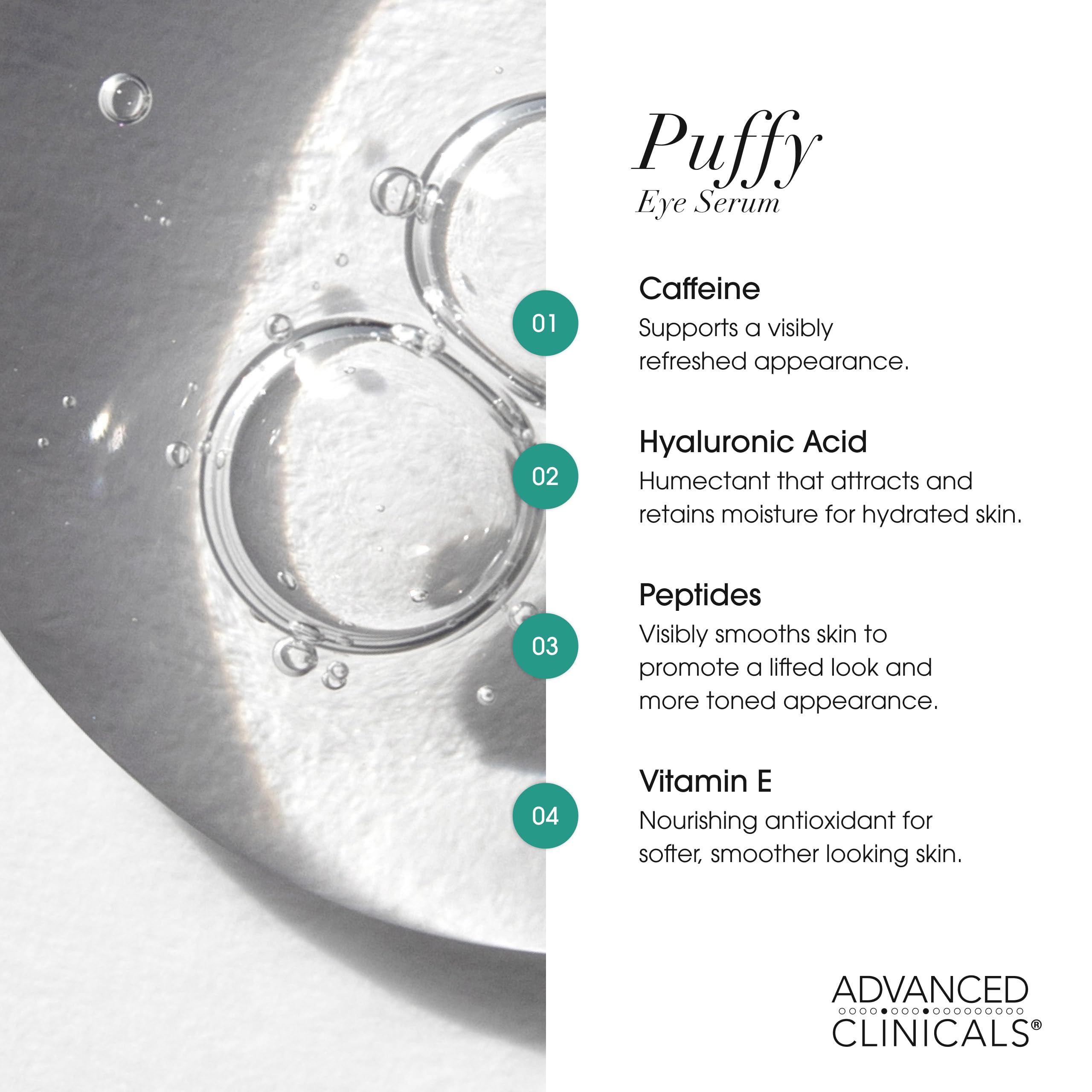 Advanced Clinicals Puffy Eye Serum with caffeine and peptides supports hydrated, smoother under-eye