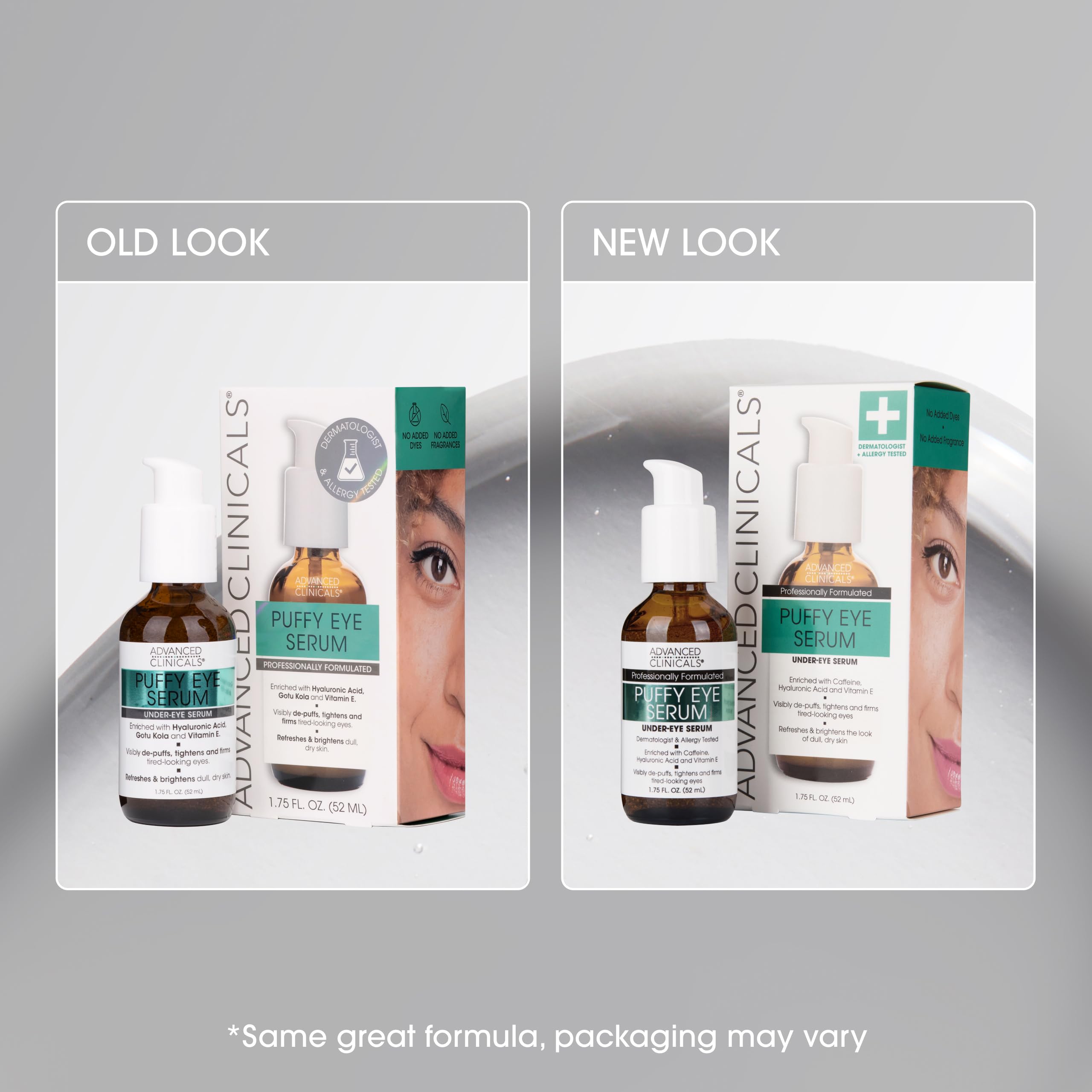 Vitamin C brightening focus on the Advanced Clinicals Puffy Eye Serum label