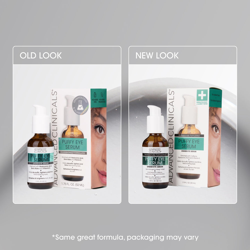 Vitamin C brightening focus on the Advanced Clinicals Puffy Eye Serum label