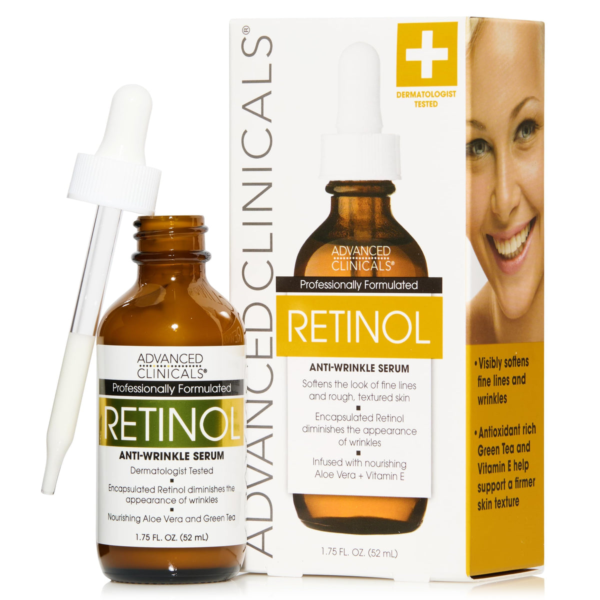 Advanced Clinicals Retinol Serum visage - flacon posé pour une hydratation visible et peau lisse