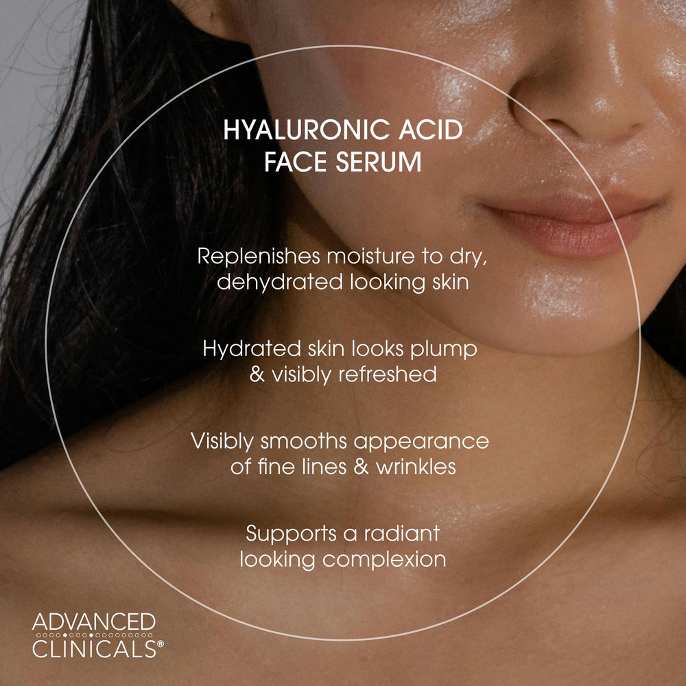 Application du sérum Advanced Clinicals sur le visage — peau hydratée rapidement et douce.