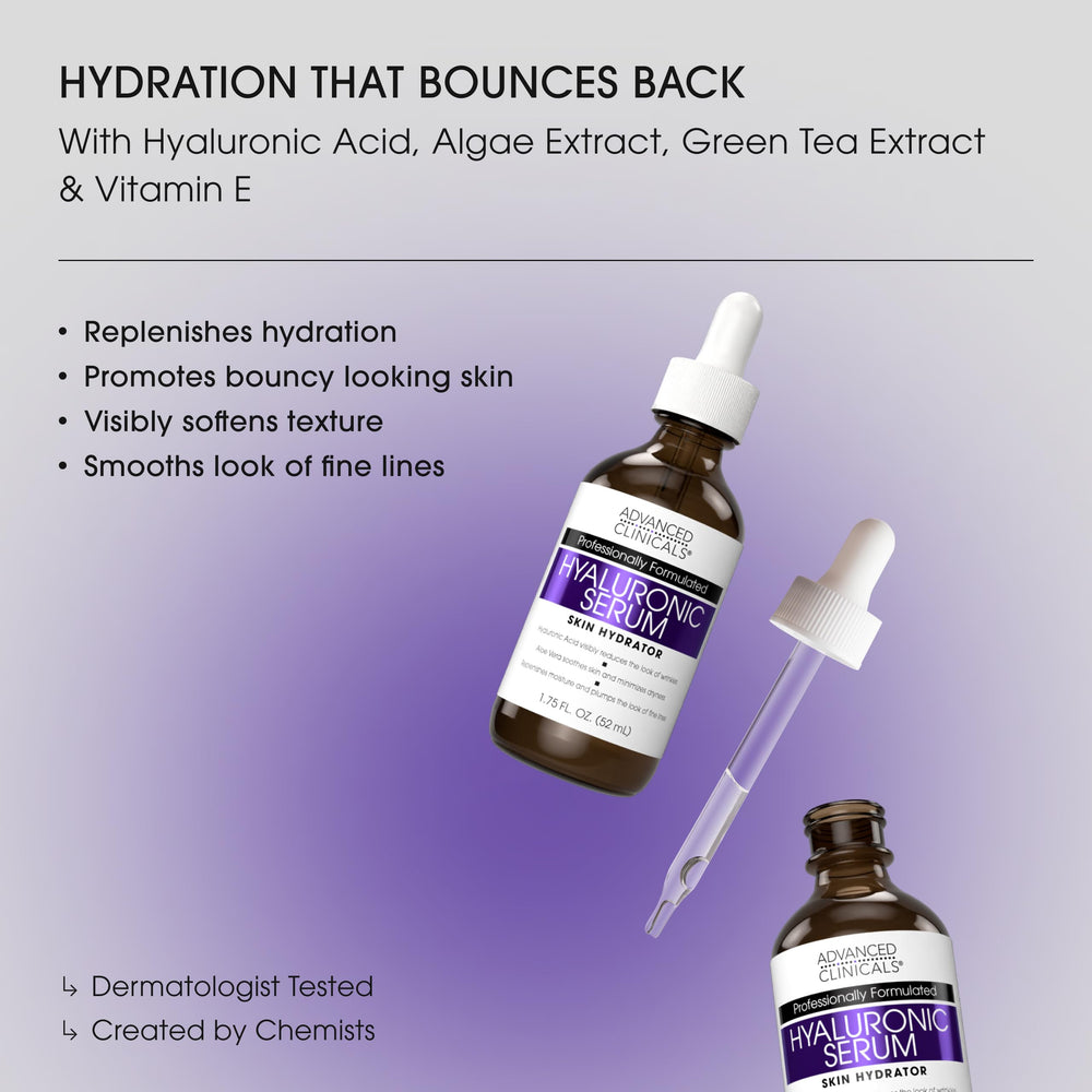 Sérum Advanced Clinicals pour le visage — texture gel légère, absorption rapide et fraîcheur.