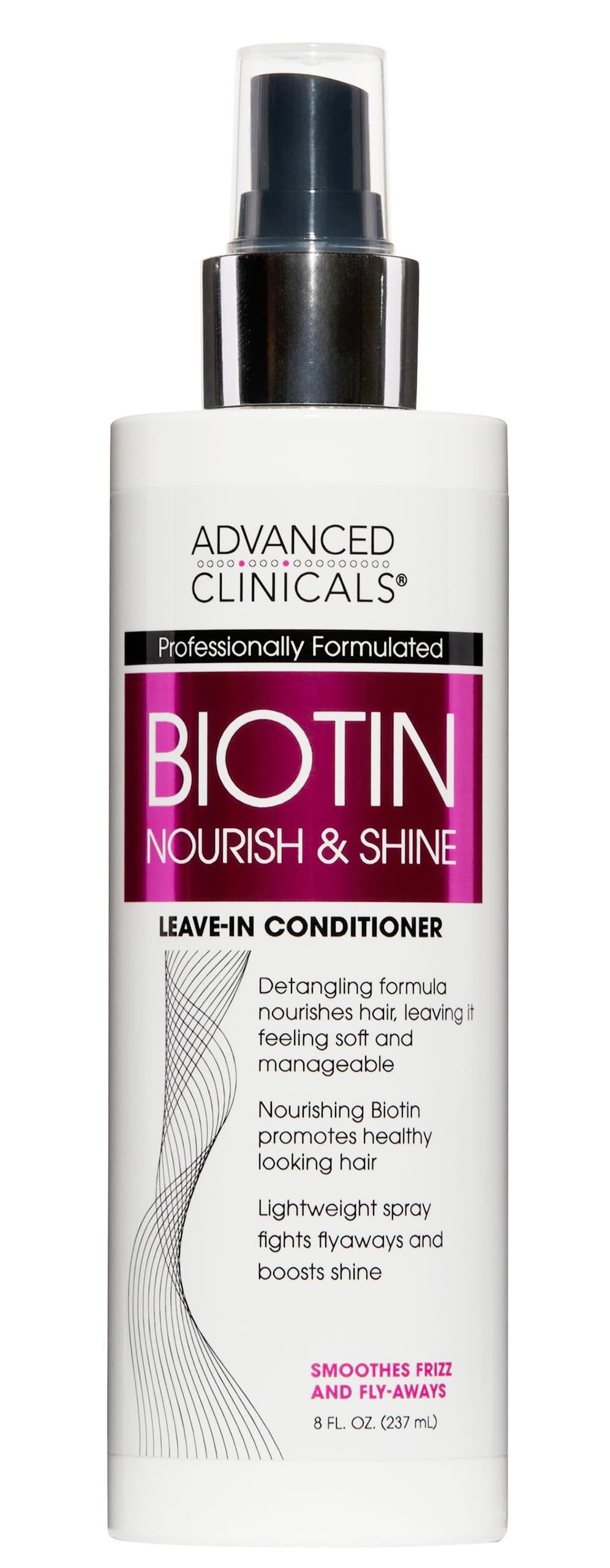 Advanced Clinicals spray capillaire: bouteille montrant brillance et épaississement des cheveux.