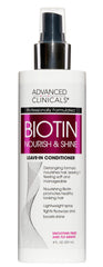 Advanced Clinicals spray capillaire: bouteille montrant brillance et épaississement des cheveux.