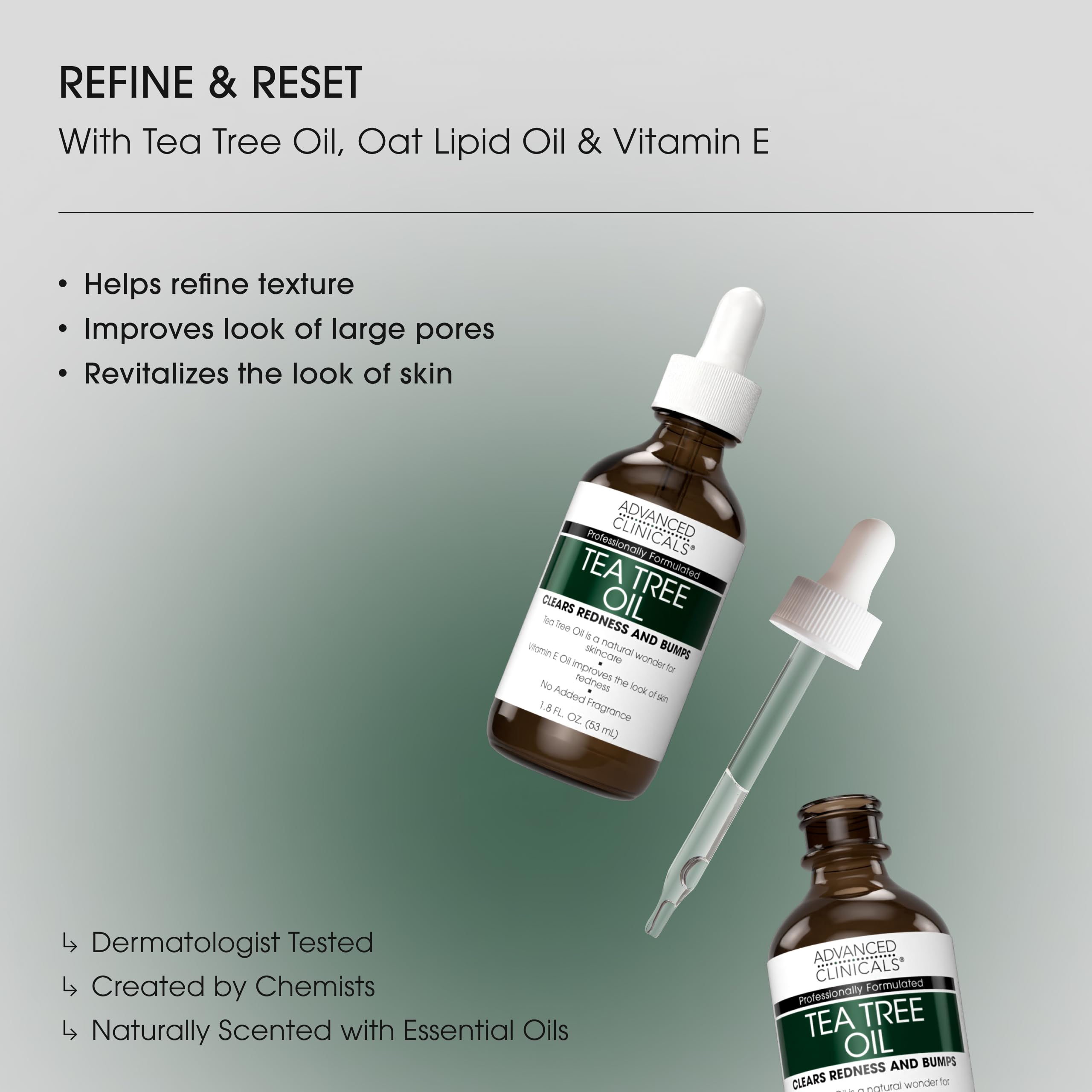 Advanced Clinicals Tea Tree Serum – huile légère, hydratation rapide.
