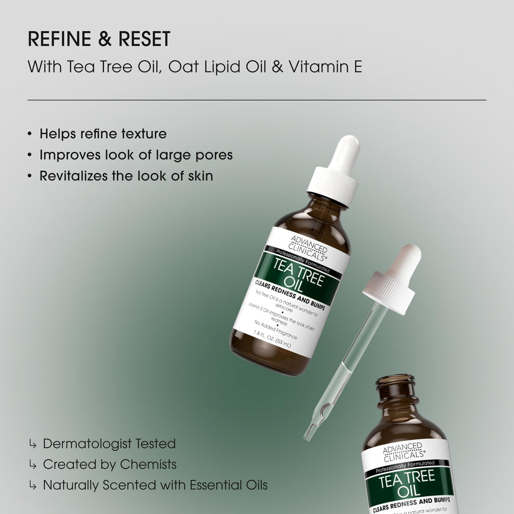 Advanced Clinicals Tea Tree Serum – huile légère, hydratation rapide.