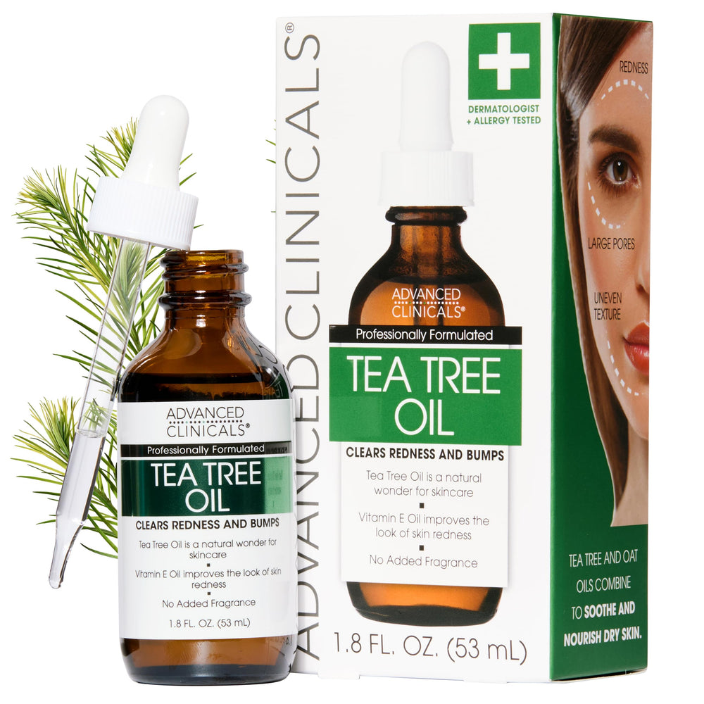 Advanced Clinicals Tea Tree Serum visage bouteille: huile légère pour hydratation et teint plus lisse.