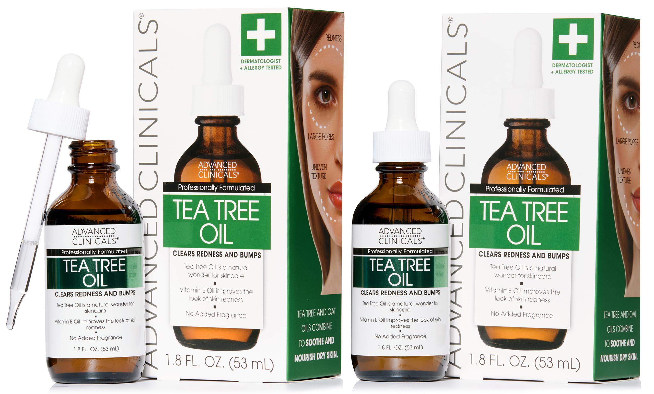 Advanced Clinicals Tea Tree Serum – bouteille visible, utilisation visage quotidienne.