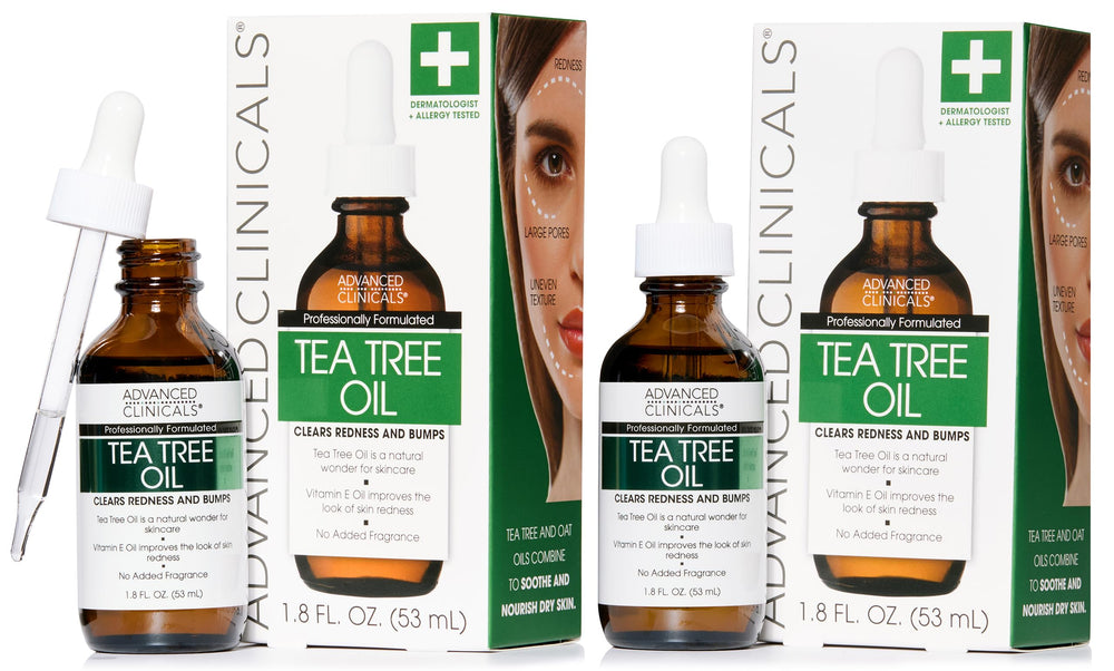 Advanced Clinicals Tea Tree Serum – bouteille visible, utilisation visage quotidienne.