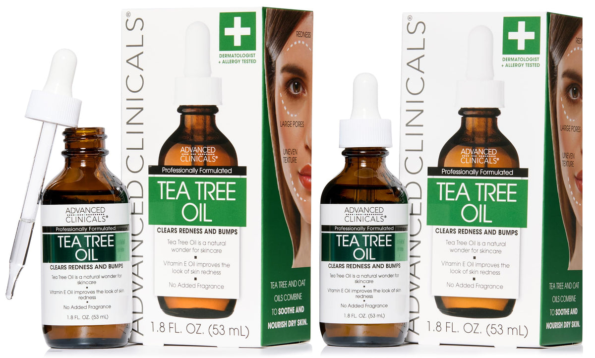 Advanced Clinicals Tea Tree Serum – bouteille visible, utilisation visage quotidienne.