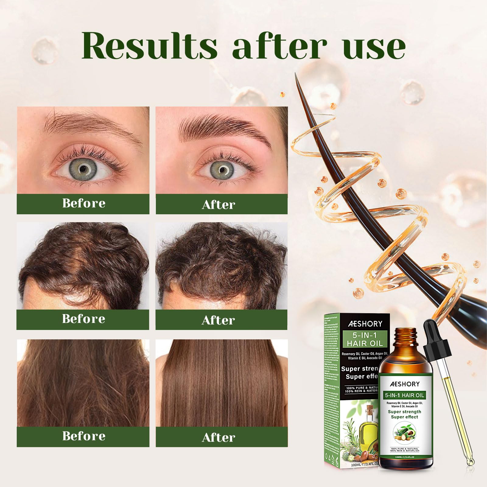 Aeshory flacon huile cheveux : traitement tout-en-un pour cheveux sains et éclatants.