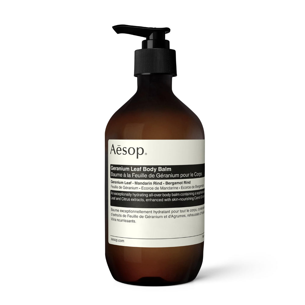 Baume corporel Aesop Feuille Géranium pour peau nourrie et douce.