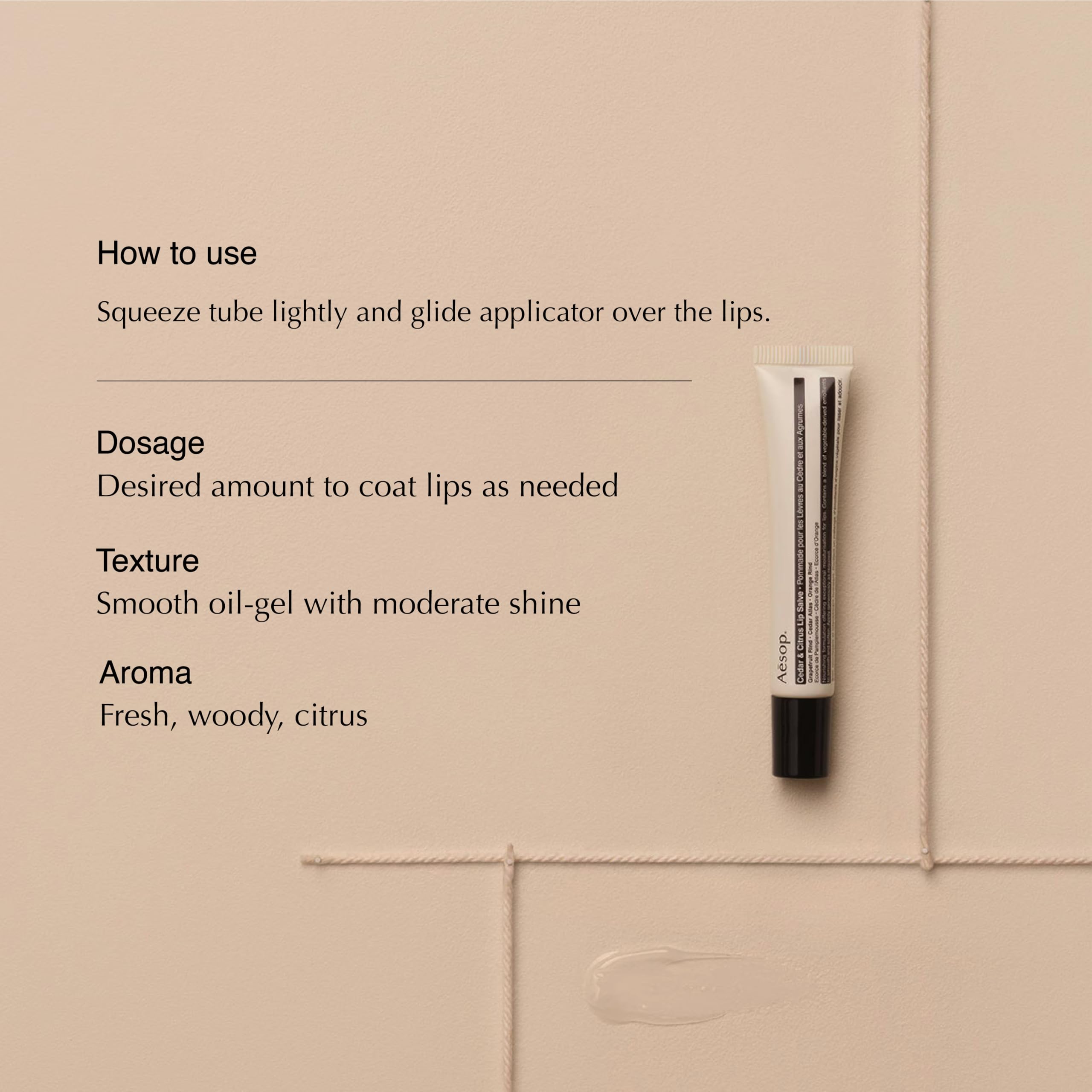 Texture huile-gel légère du Baume Lèvres Aesop pour une brillance naturelle.