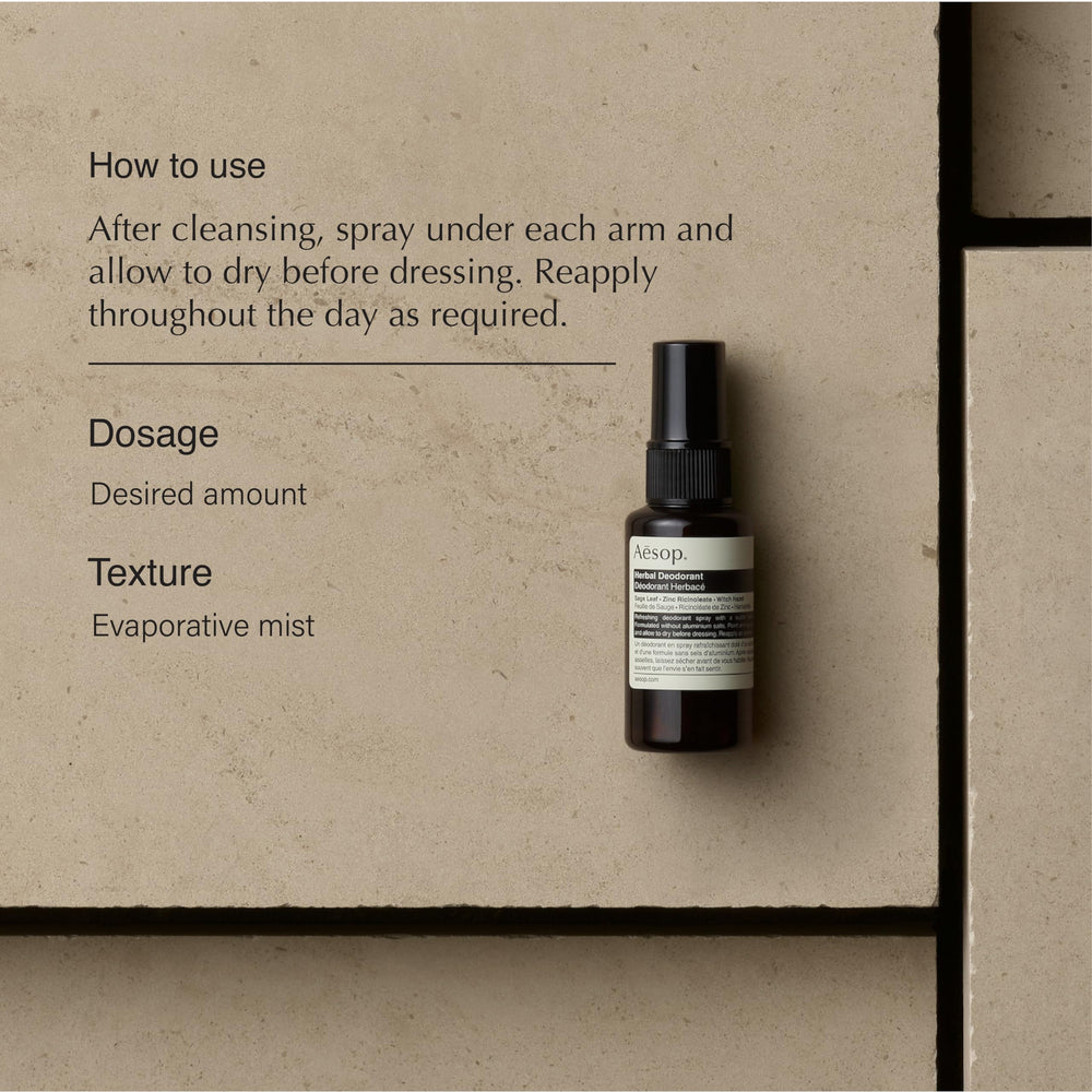 Aesop Déodorant Spray – application légère et rapide sans traces.