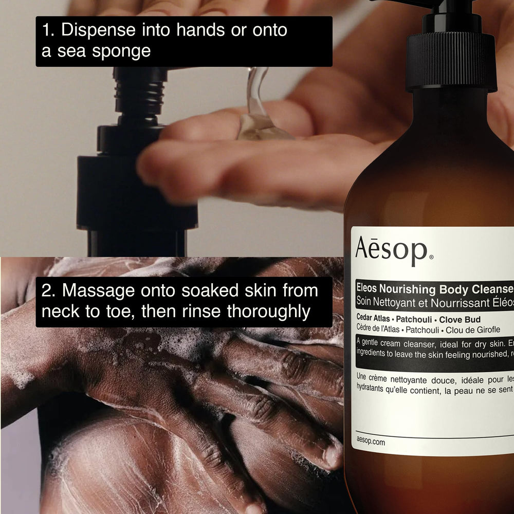 Aesop Eleos : ingrédients clés, cèdre d'Atlas, patchouli et girofle, visibles sur l’étiquette.