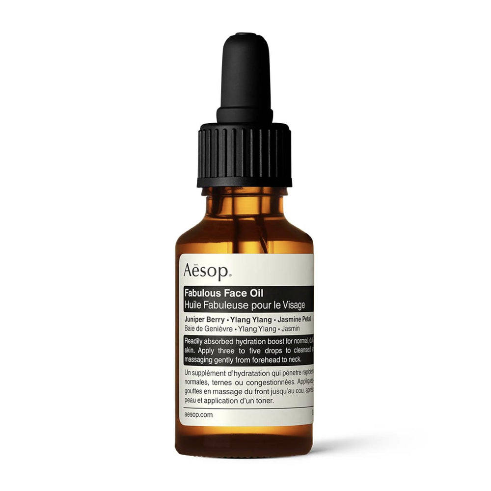 Aesop Fabulous Face Oil, bouteille élégante prête pour hydrater et équilibrer la peau.