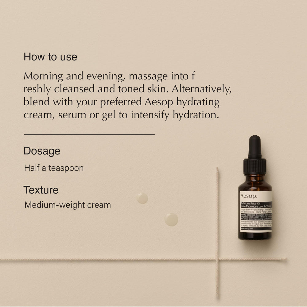 Aesop Fabulous Face Oil, pipette pratique pour une application ciblée et agréable.