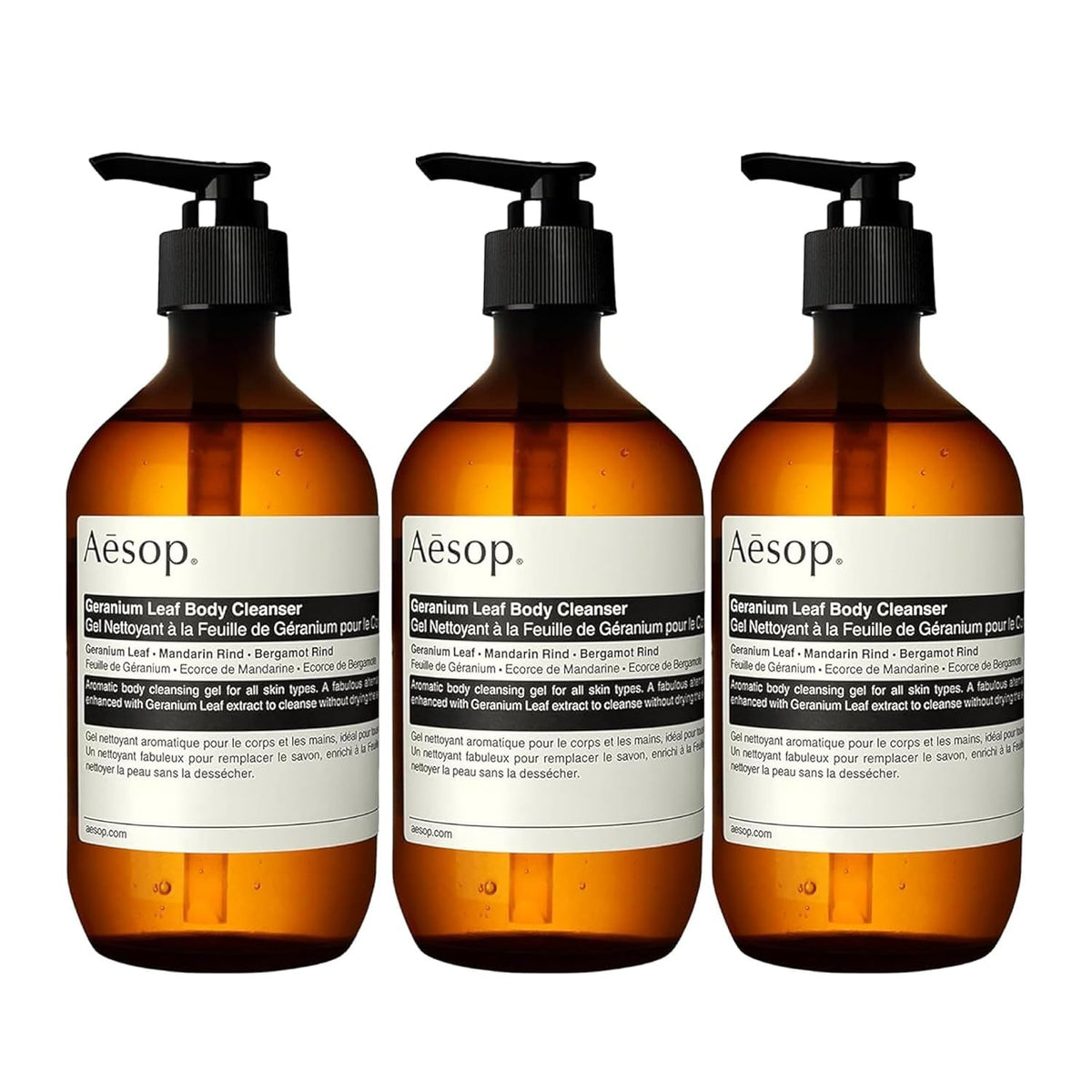 Aesop Geranium Leaf Body Cleanser - bouteille 500 ml, nettoie en douceur.