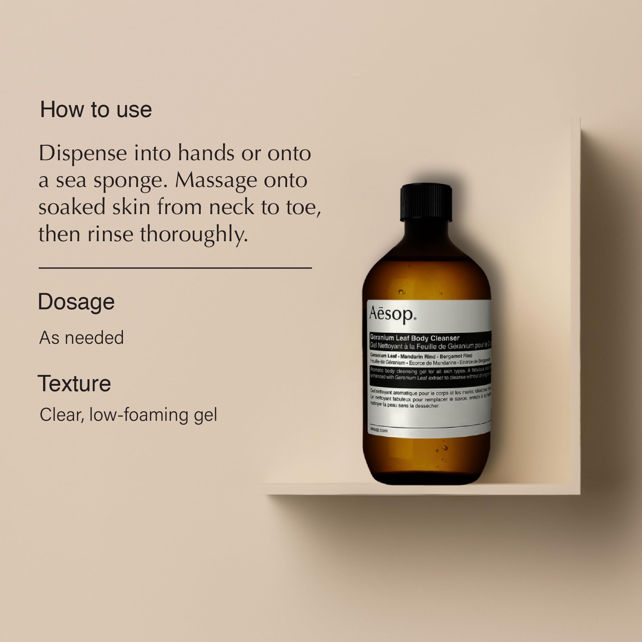 Aesop Geranium Leaf Body Cleanser Recharge — mousse douce pour peau propre et fraîche.
