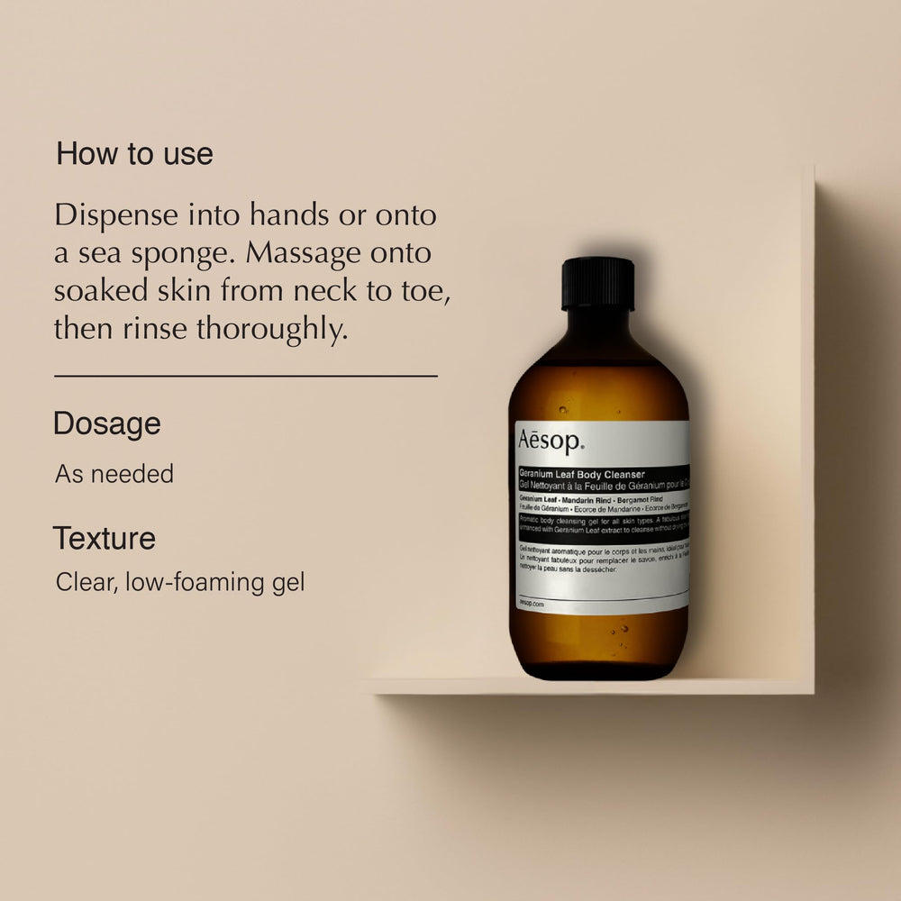 Aesop Geranium Leaf Body Cleanser Recharge — mousse douce pour peau propre et fraîche.