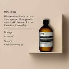 Aesop Geranium Leaf Body Cleanser Recharge — mousse douce pour peau propre et fraîche.