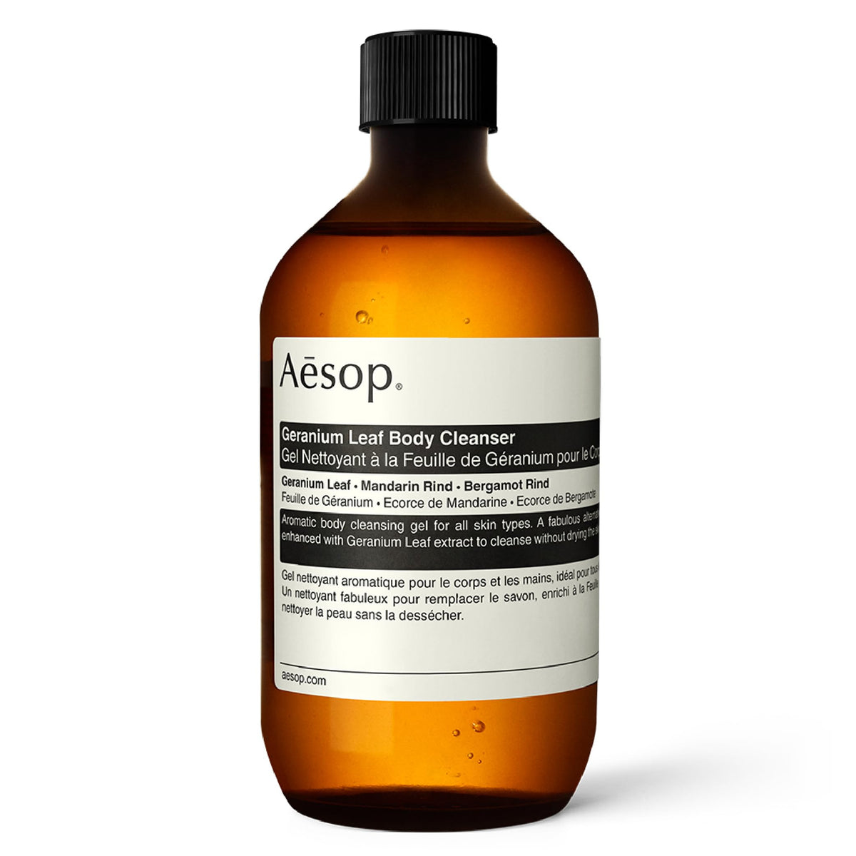 Aesop Geranium Leaf Body Cleanser Recharge bouteille prête pour une douche rafraîchissante.