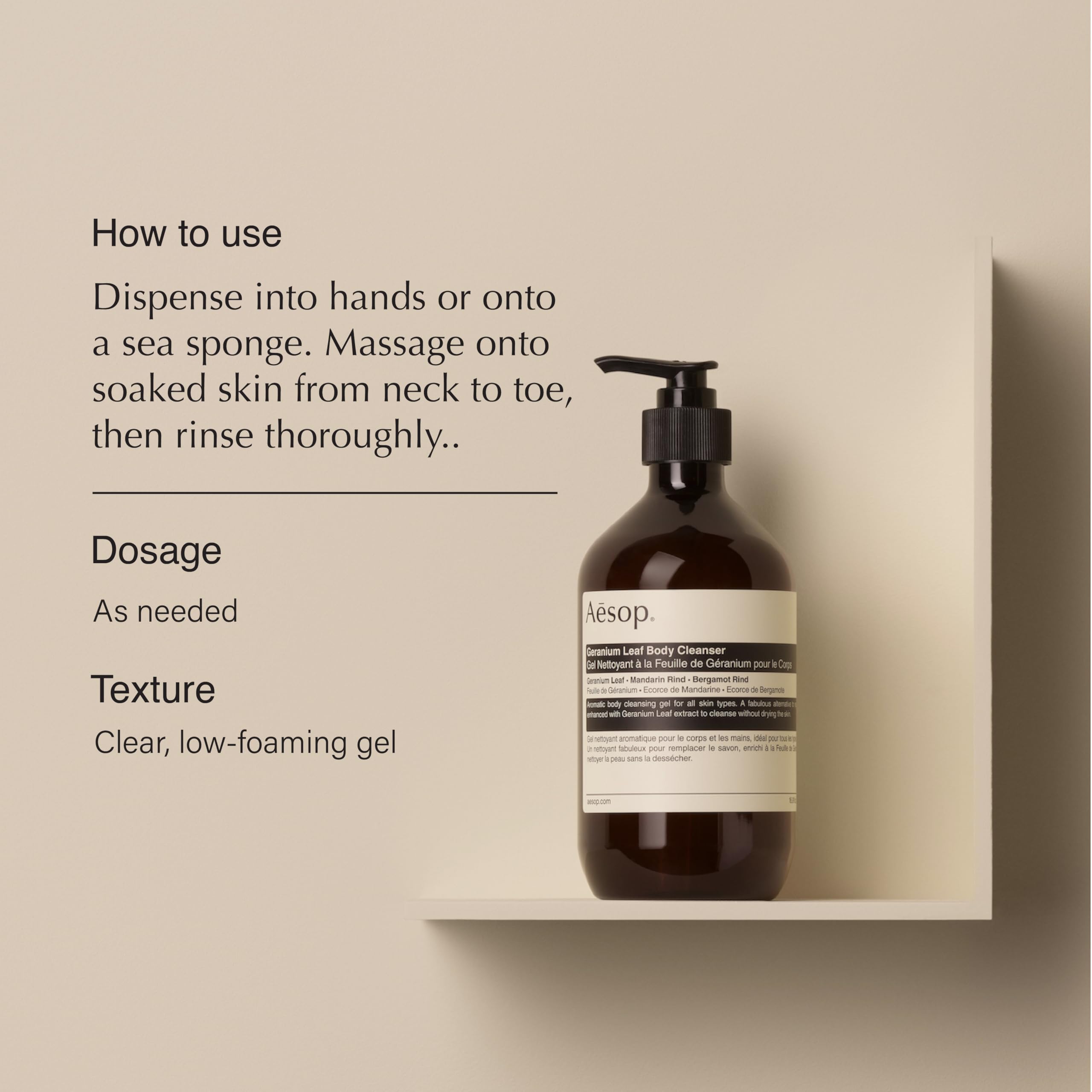 Aesop Geranium Leaf Body Cleanser - gel léger créant une mousse agréable.