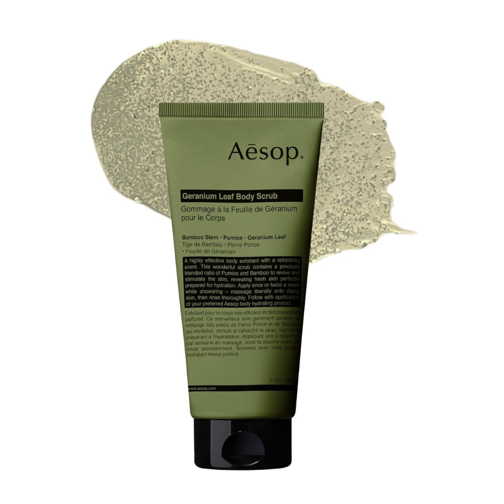 Gommage corporel Aesop Feuille de Géranium, bouteille prête à l'exfoliation.