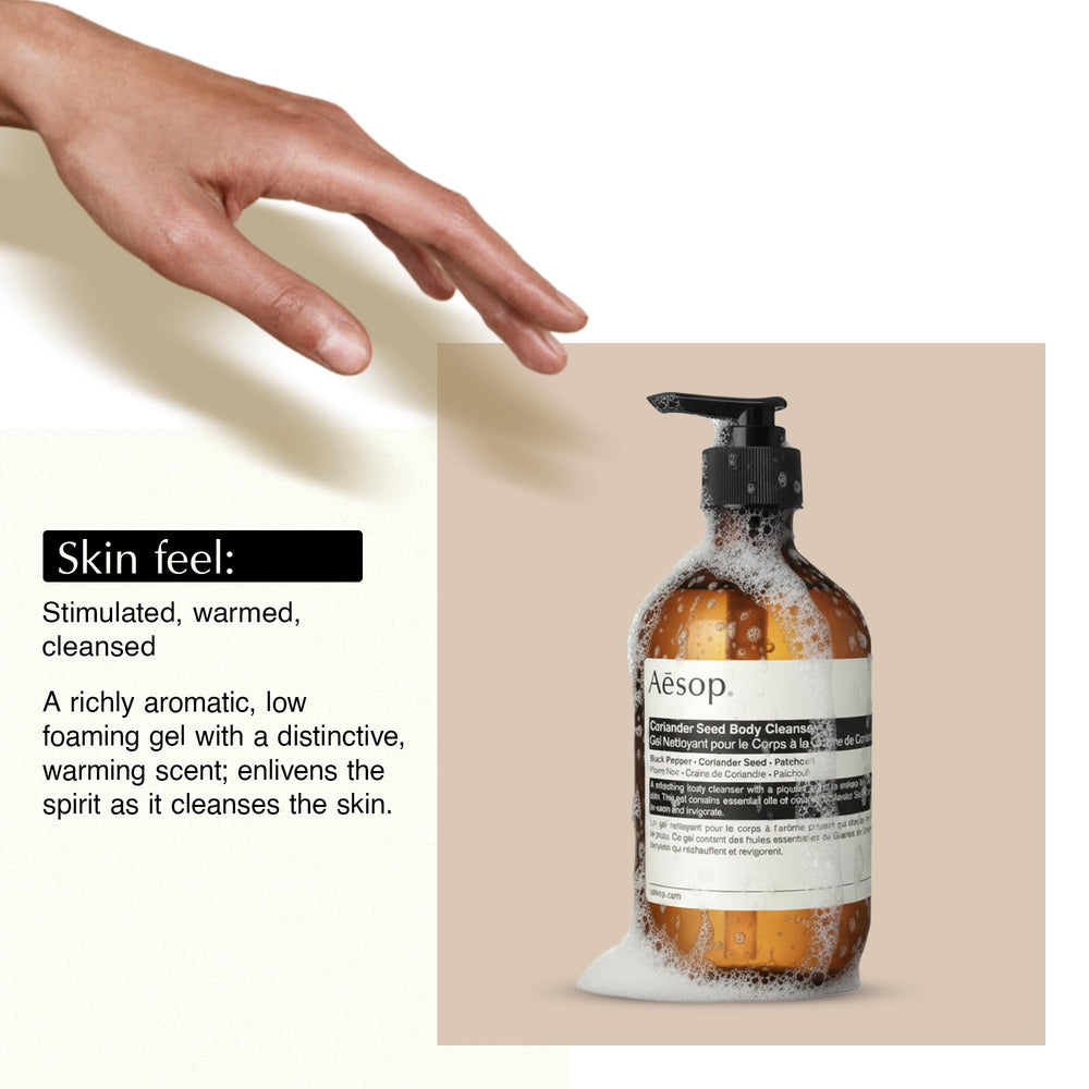 Aesop Nettoyant corporel à la graine de coriandre — ingrédients clés: coriandre, poivre noir et patchouli