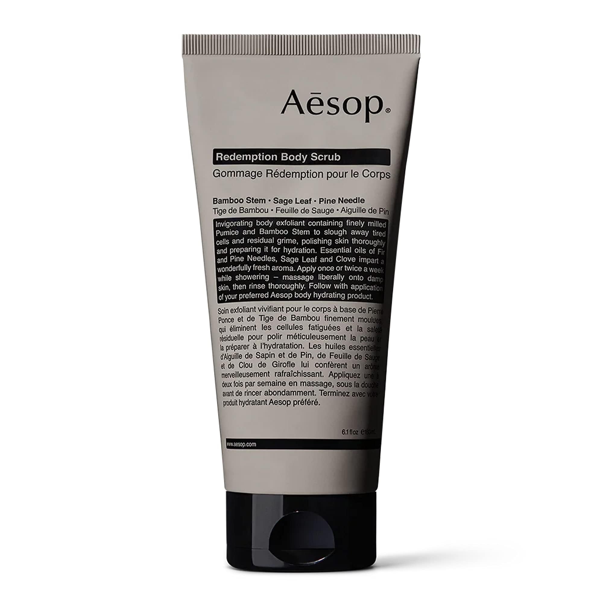 Gommage corps Aesop Redemption: poudre finement moulue polissant la peau en douceur.