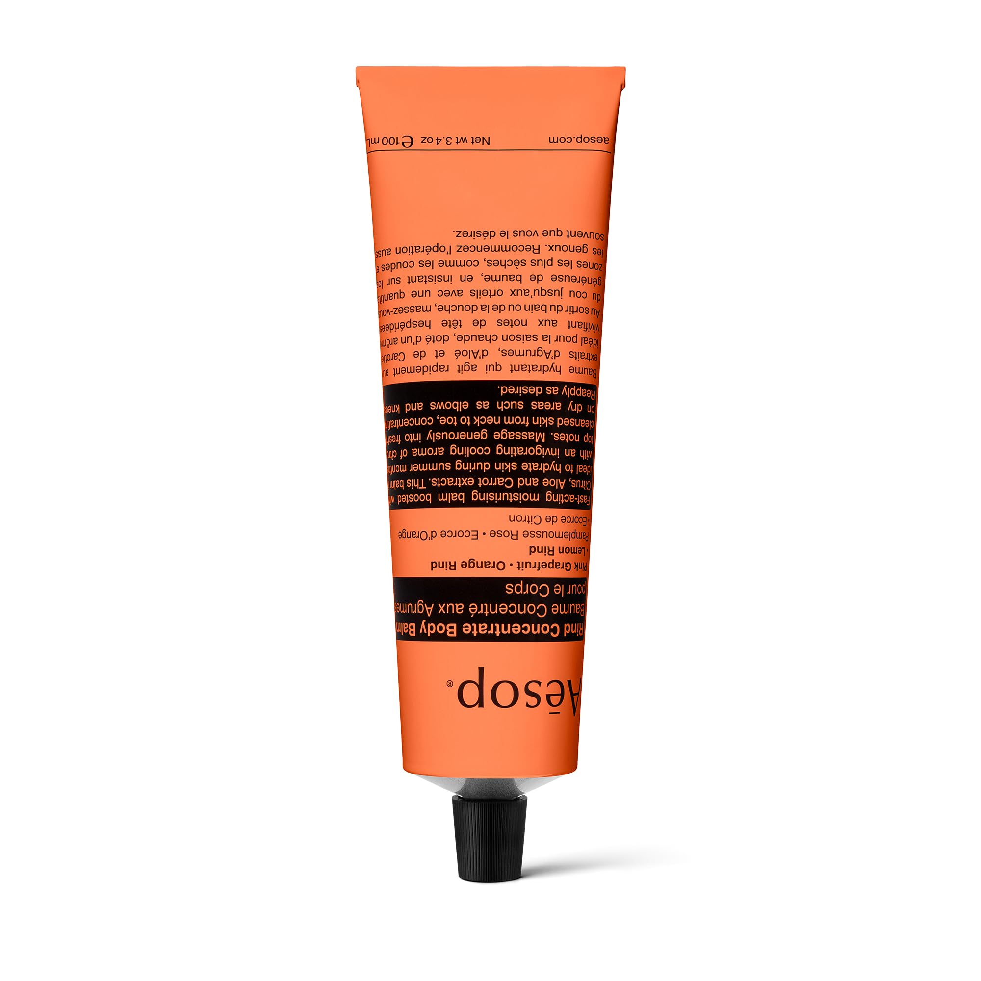 Aesop concentré d'écorces pour le corps sur la bouteille, hydratation légère et parfum frais.