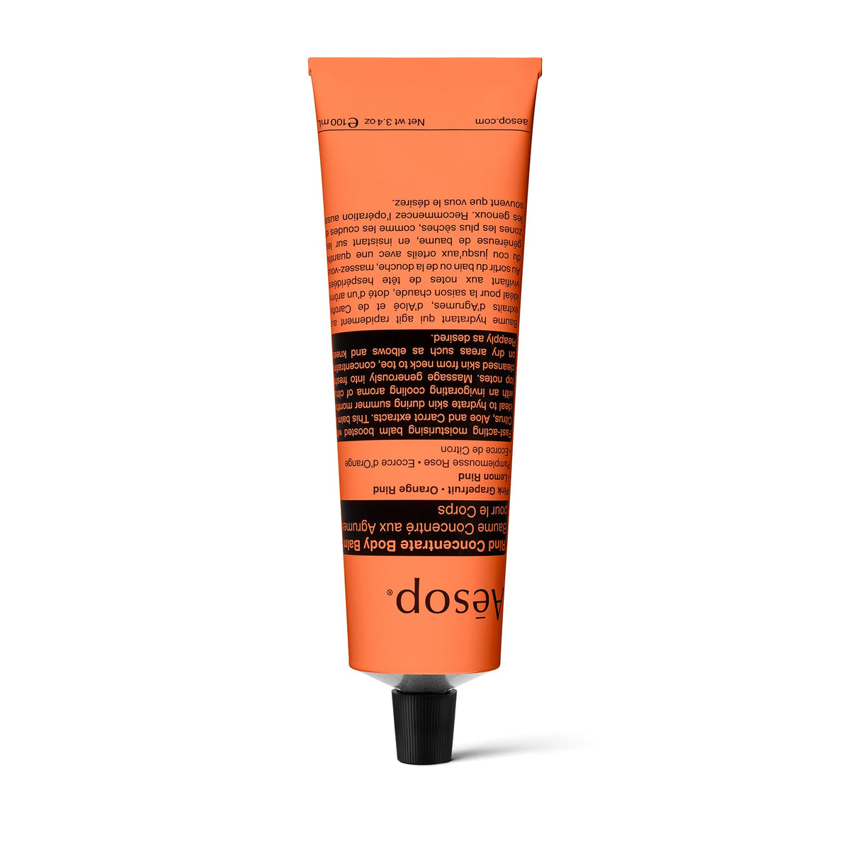 Aesop concentré d'écorces pour le corps sur la bouteille, hydratation légère et parfum frais.