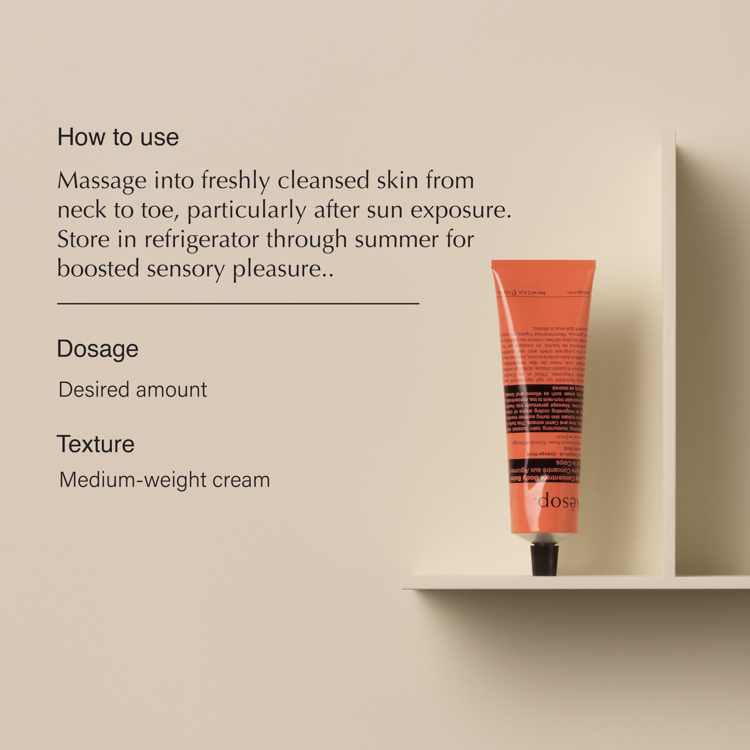 Aesop concentré d'écorces pour le corps, texture légère et absorption rapide.