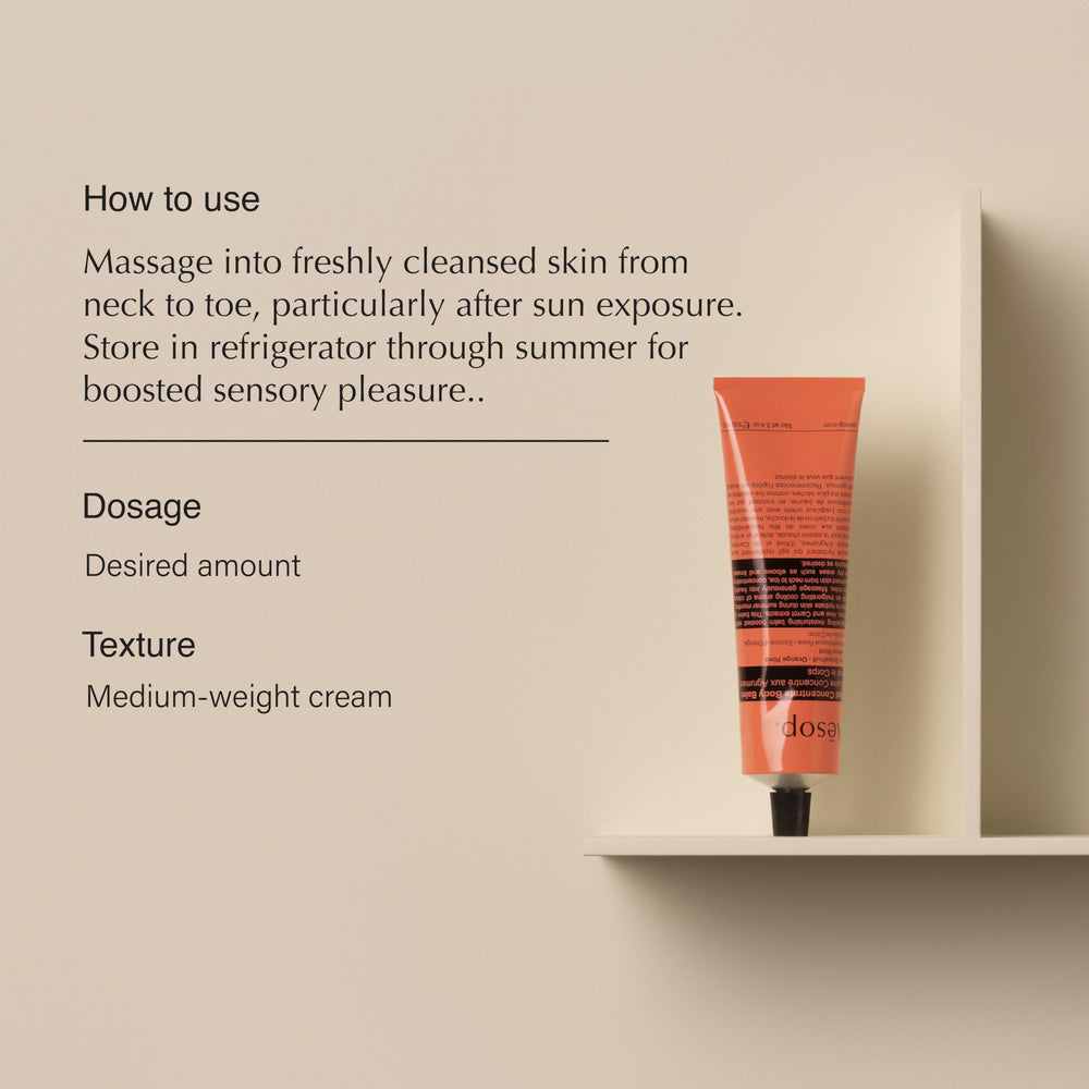 Aesop concentré d'écorces pour le corps, texture légère et absorption rapide.