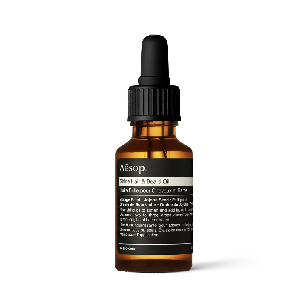 Aesop Shine dans sa bouteille, huile hydratante pour cheveux et barbe.