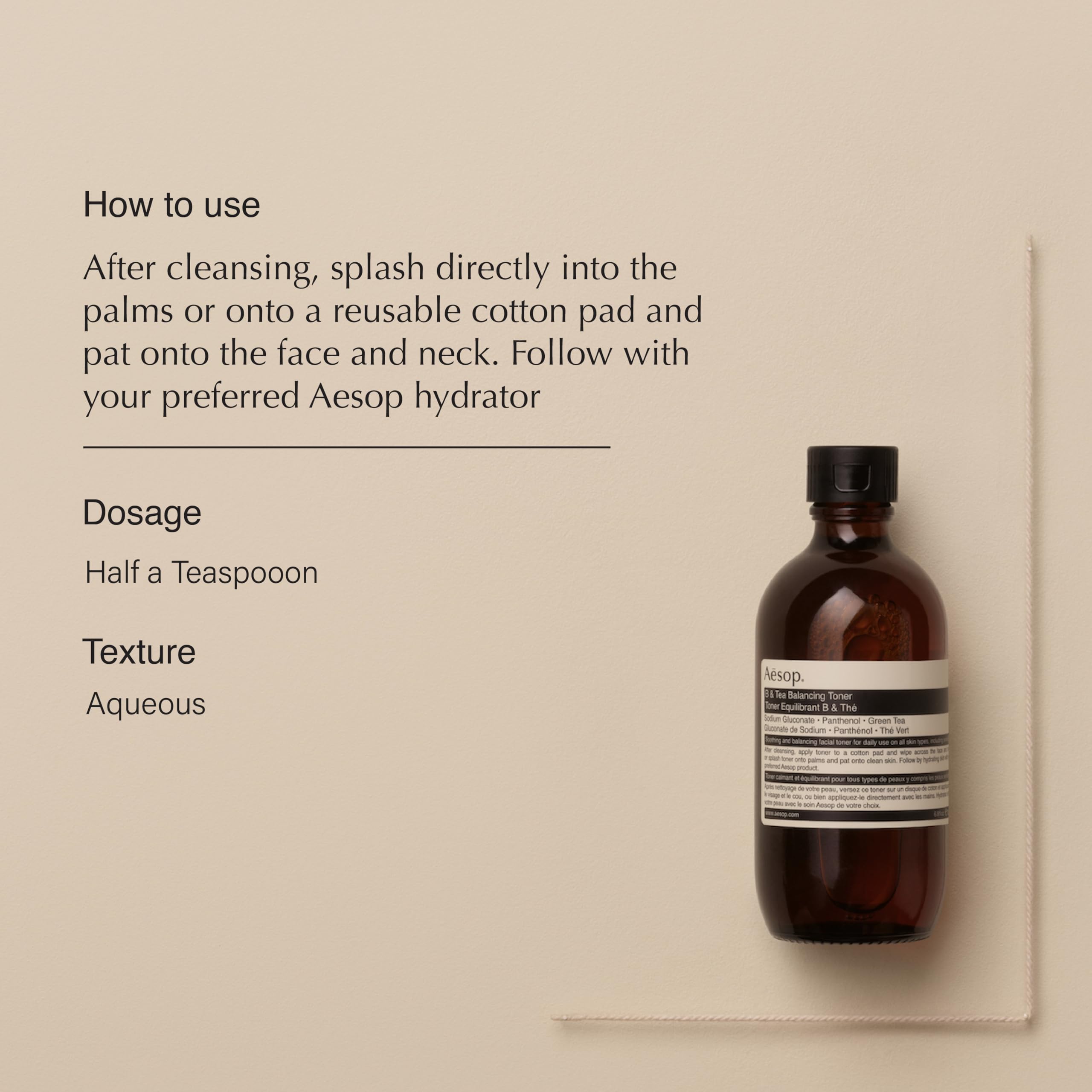Détail de l'étiquette Aesop B & Tea, signe d'une formule douce et sans alcool.