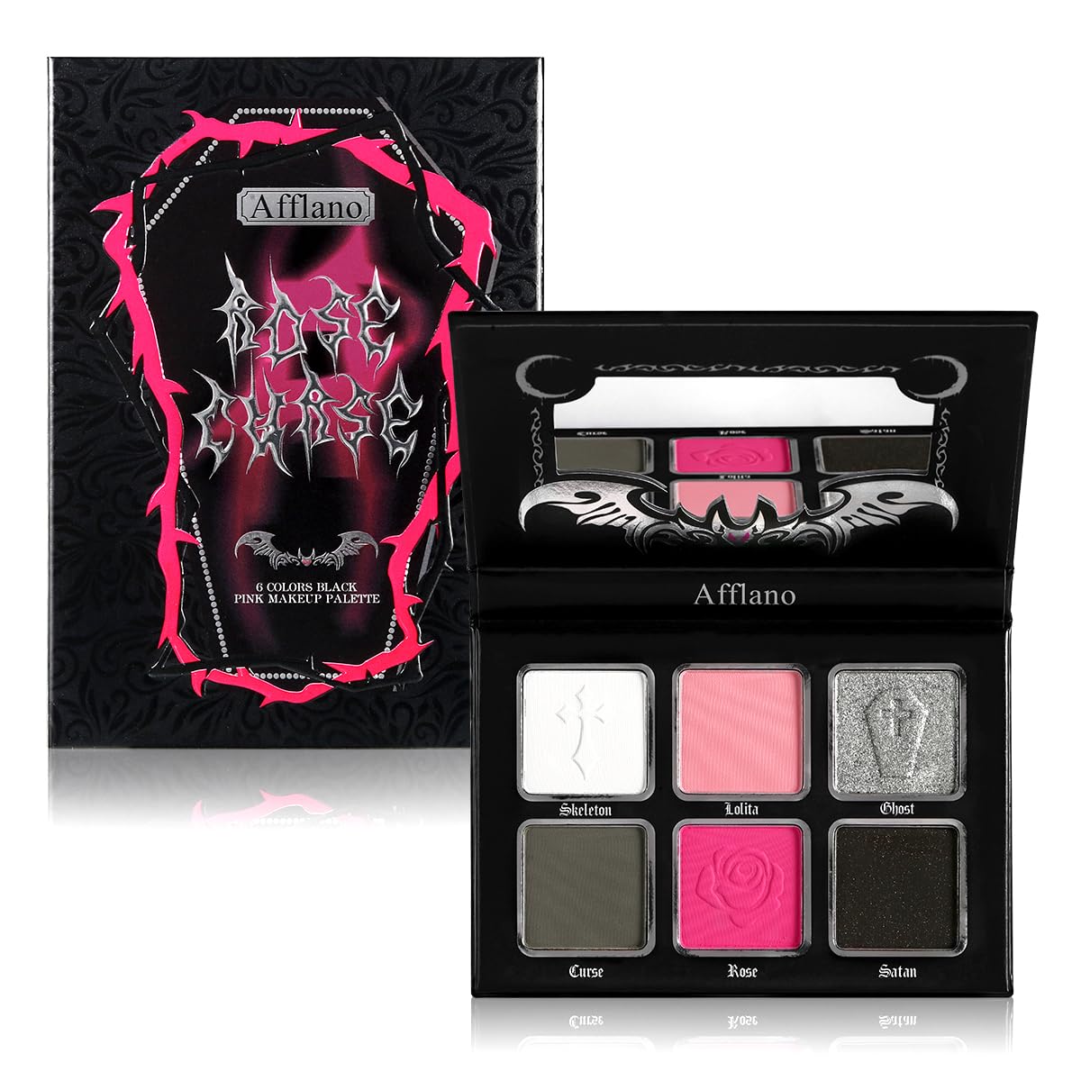 Afflano palette gothique rose avec miroir intégré pour retouches rapides.