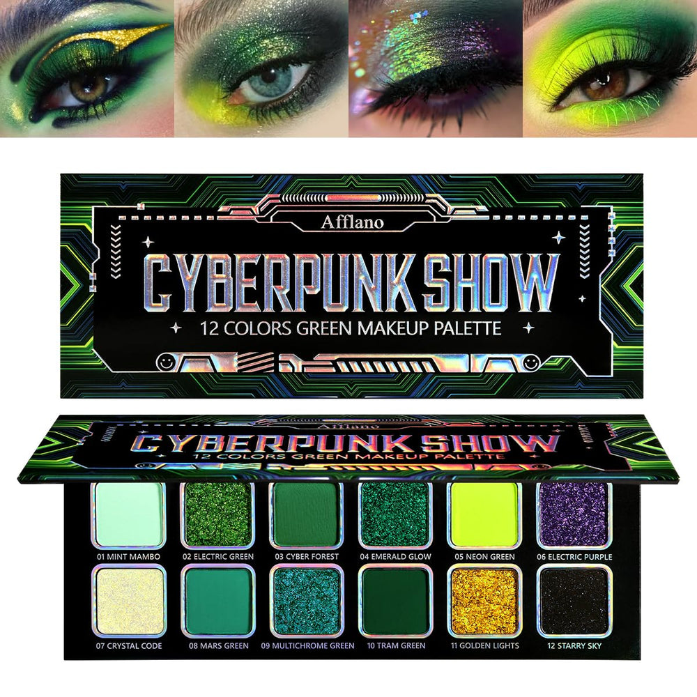 Afflano palette yeux vert multichrome avec reflets chromés pour un regard audacieux.