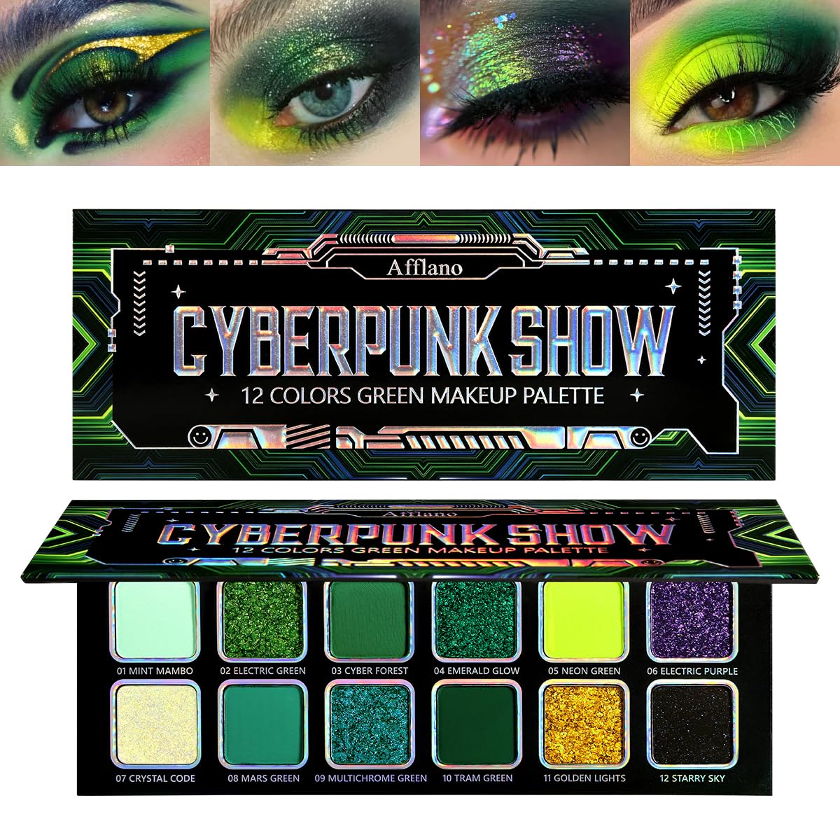 Afflano palette yeux vert multichrome avec reflets chromés pour un regard audacieux.
