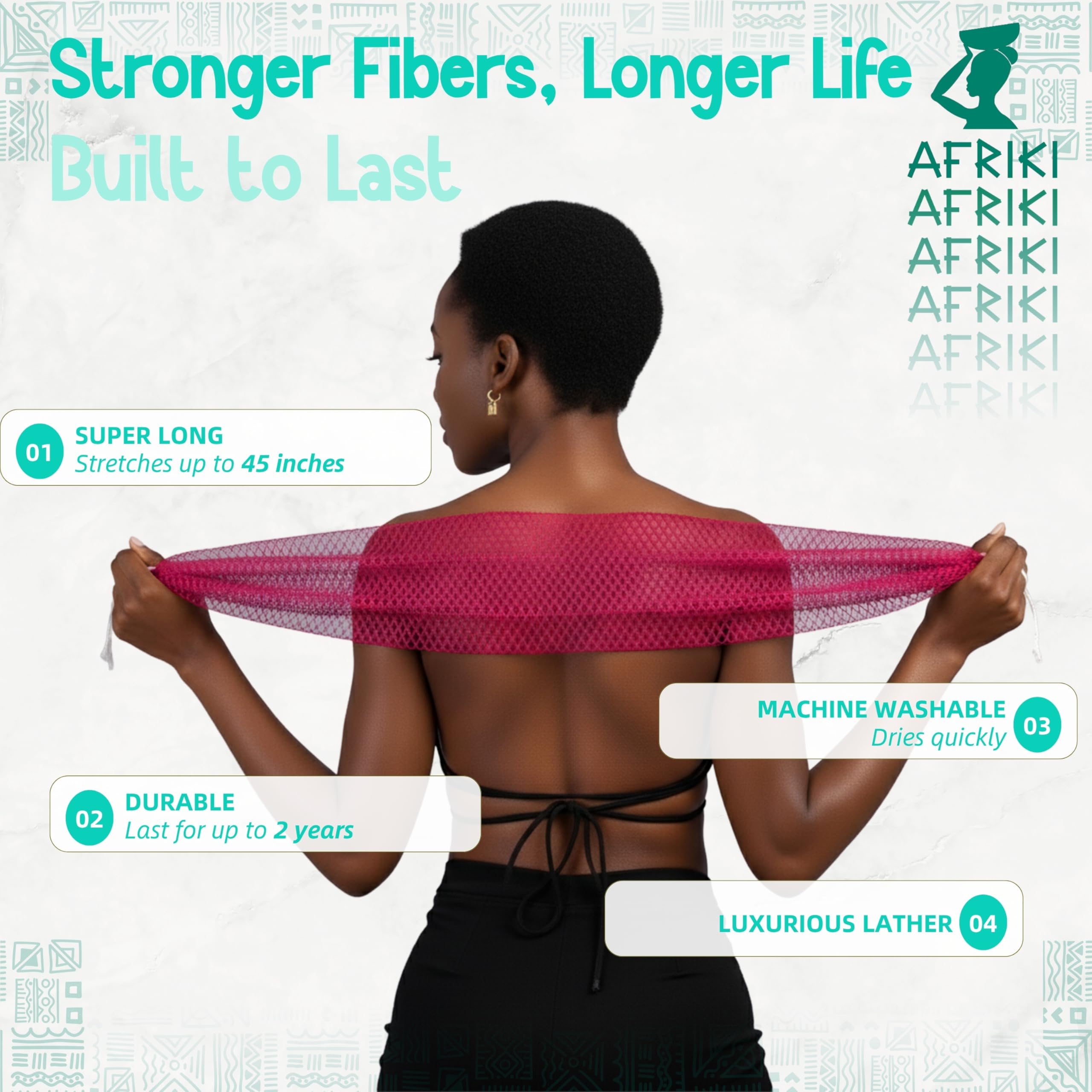 AFRIKI Exfoliation longue longueur 45 pouces facilitant les zones difficiles.