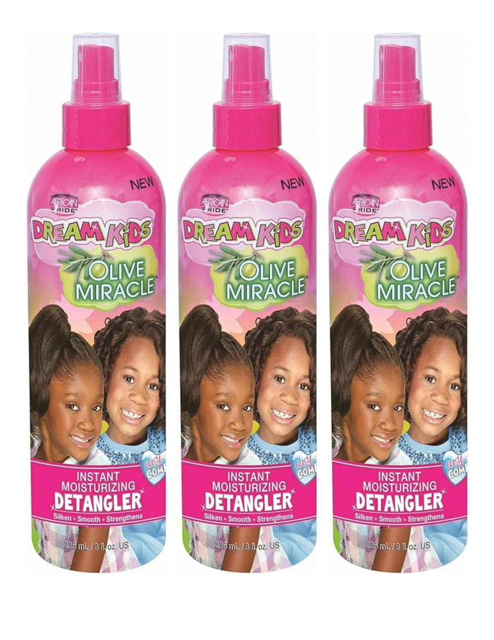 Texture légère et démêlage en douceur avec African Pride Dream Kids Olive Miracle, étiquette visible.