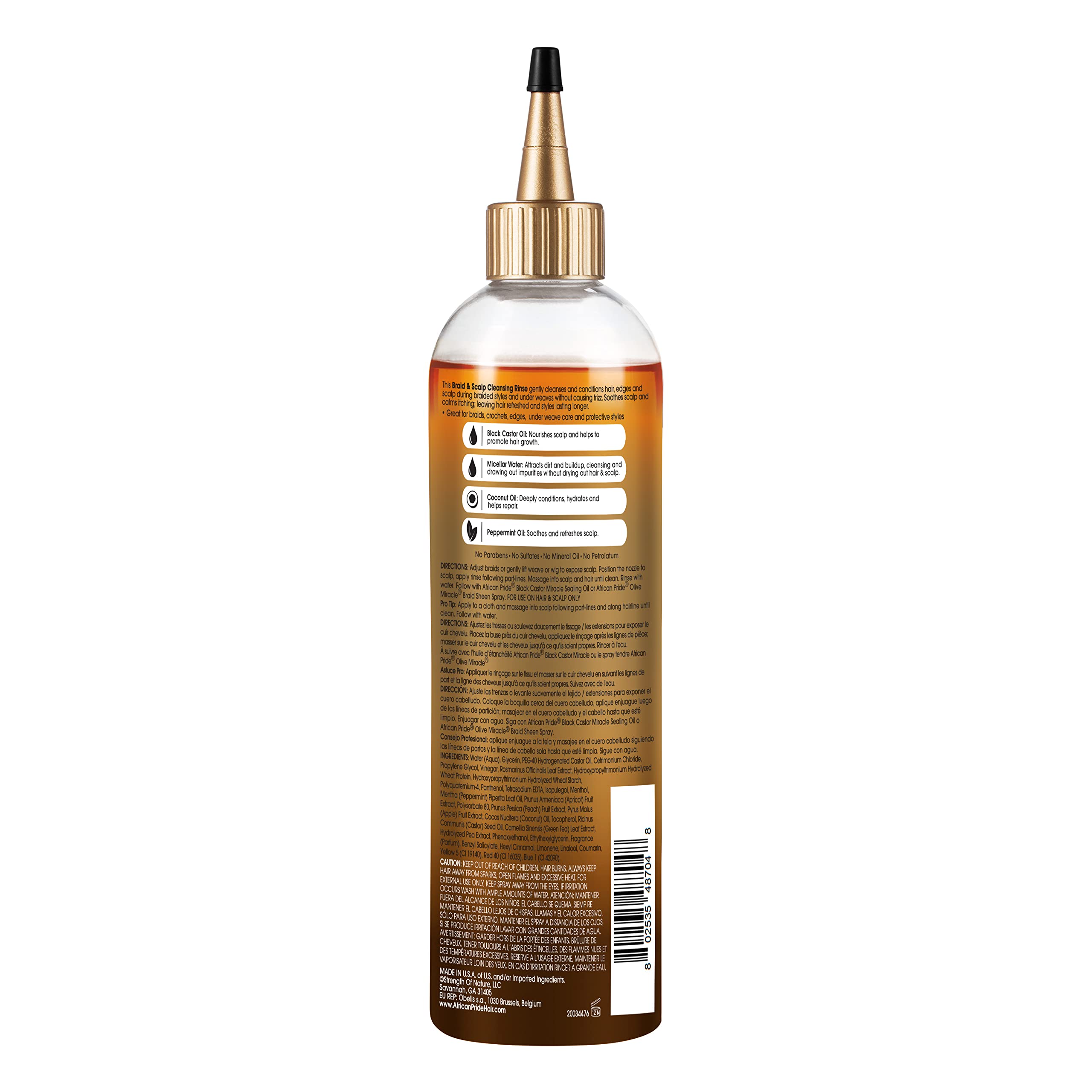 Gros plan: eau micellaire African Pride nettoyant sans dessécher le cuir chevelu.